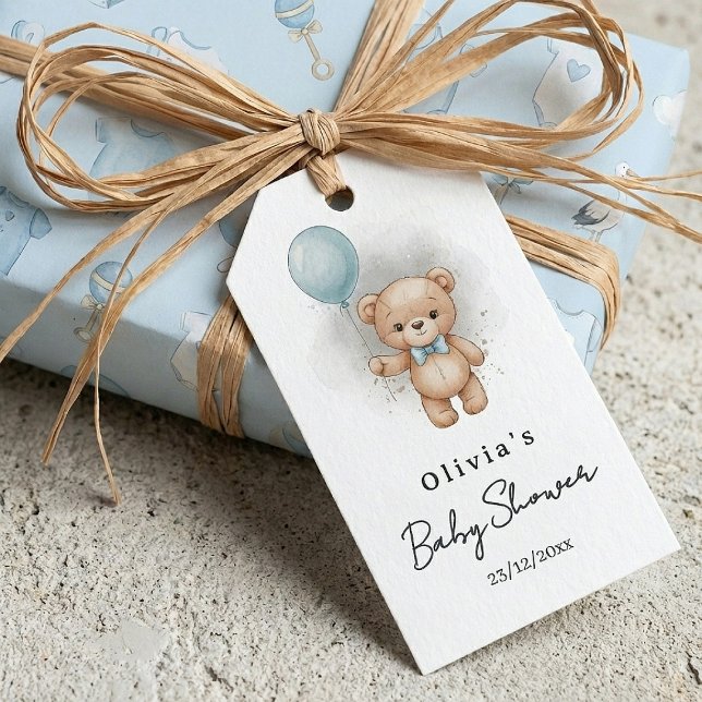 Baby Shower for Boy Blue Balloon, Teddy Bear & Bow Geschenkanhänger (Von Creator hochgeladen)