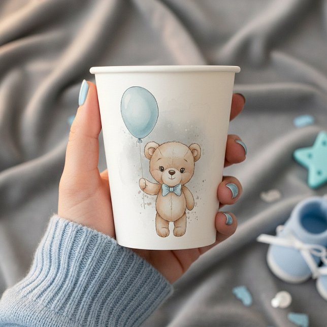 Baby Shower for Boy Blue Balloon, Teddy Bear & Bow Pappbecher (Von Creator hochgeladen)