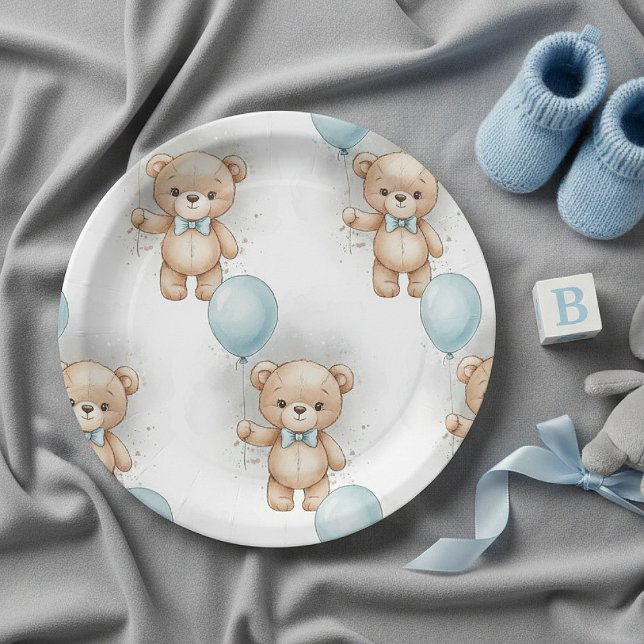 Baby Shower for Boy Blue Balloon , Teddy Bear Bow Pappteller (Von Creator hochgeladen)