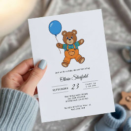 Baby Shower for Boy Blue Balloon, Teddy Bear   Einladung