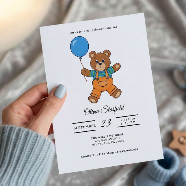 Baby Shower for Boy Blue Balloon, Teddy Bear  Einladung (Von Creator hochgeladen)