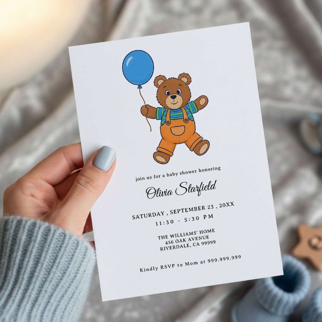 Baby Shower for Boy Blue Balloon Teddy Bear   Einladung (Von Creator hochgeladen)