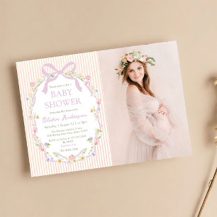 Baby Shower Foto mit rosa Schleife und floralen St Einladung