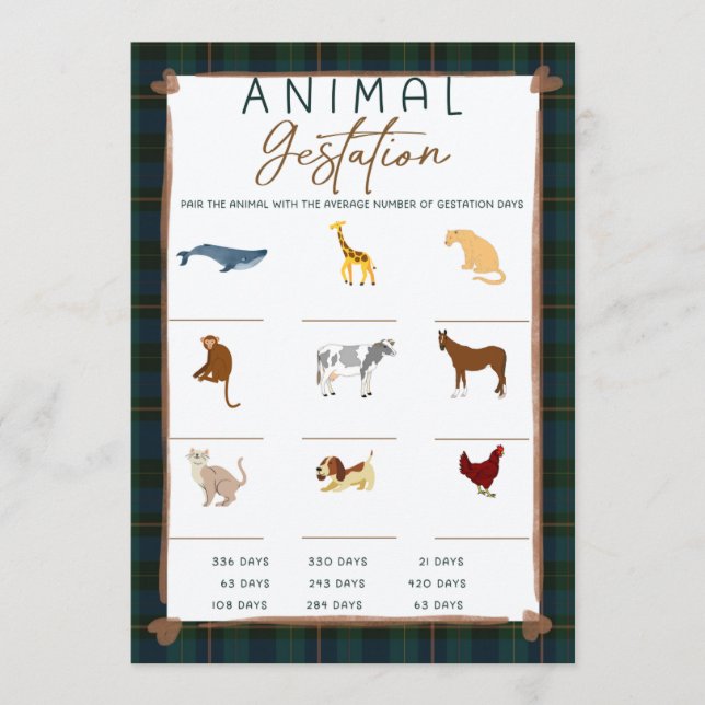 Baby Shower Game – Animal Gestation (Vorderseite)