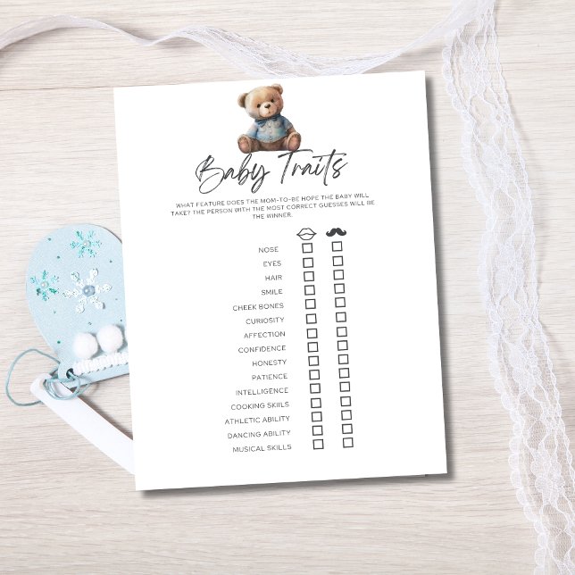 Baby Shower Game Baby Baby Babyspuren von Eltern Einladung (Baby Shower Traits Game for Baby  boy shower with Blue Teddy Bear.)