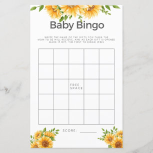 Baby Shower Game Baby Bingo Gelbe Sonnenblumen