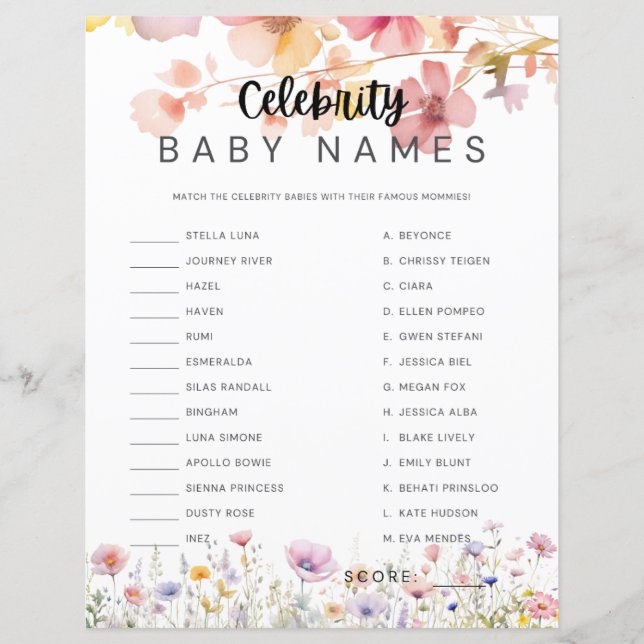 Baby Shower Game Celebrity Baby Names Matching (Vorderseite)