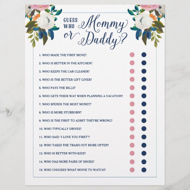 Baby Shower Game Guess Who Mommy or Daddy Editable (Vorderseite)