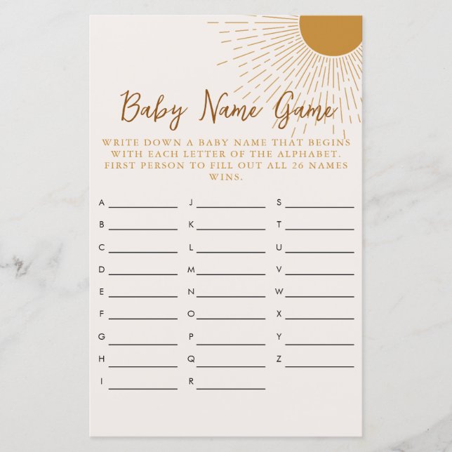 Baby Shower Game kommt hier das Son Name Spiel (Vorderseite)