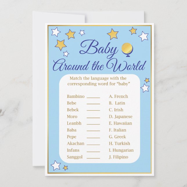 Baby Shower Game Rund um die World Blue Gold Stars Einladung (Vorderseite)
