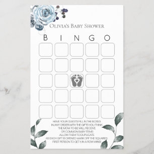 Baby Shower Games Bingo Dusty Blue Rose Flyer