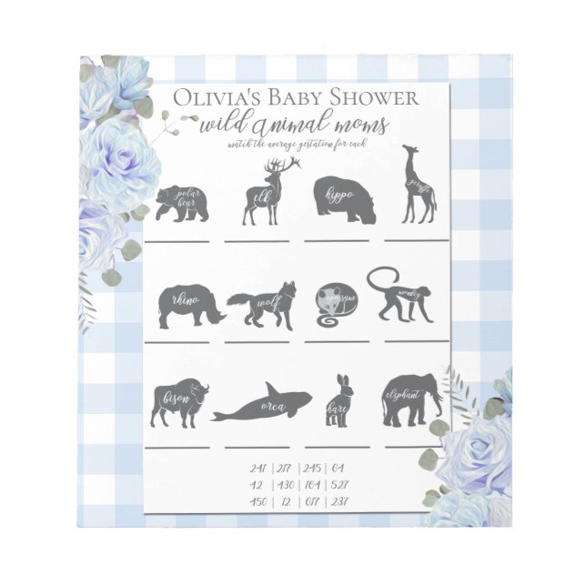 Baby Shower Games Blue Rose Gingham Notizblock (Vorderseite)