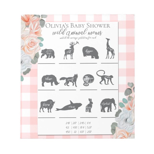 Baby Shower Games Coral Rose Gingham Notizblock (Vorderseite)