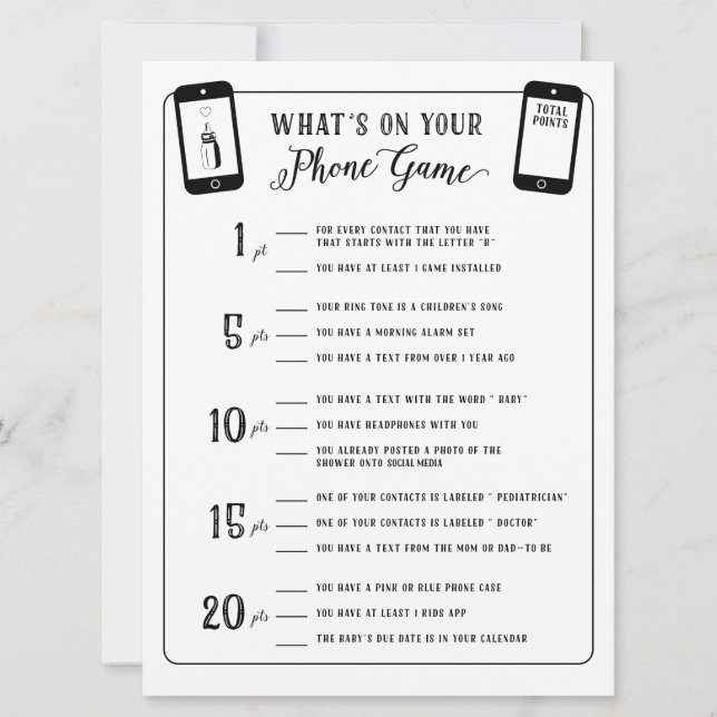 Baby Shower Games Was ist auf Ihrem Handy Game? Einladung (Vorderseite)