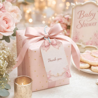 Baby-Shower-Geschenkkarte mit rosa Schleife | Coqu Geschenkanhänger