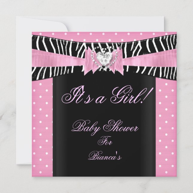 Baby Shower Girl Baby Pink Black Zebra polka Punkt Einladung (Vorderseite)