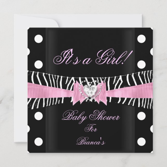 Baby Shower Girl Baby Pink Black Zebra polka Punkt Einladung (Vorderseite)