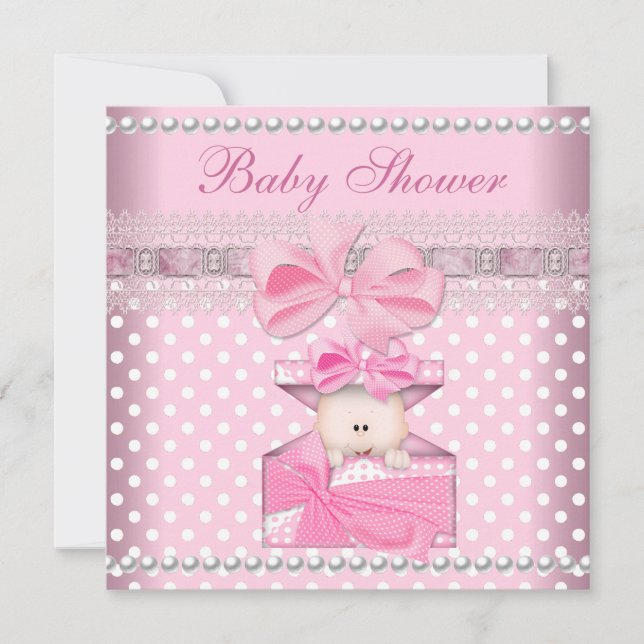 Baby Shower Girl Baby Pink Gift Spot Pearl Lace Einladung (Vorderseite)