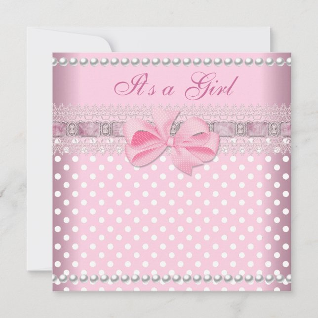 Baby Shower Girl Baby Pink Spot Pearl Lace Einladung (Vorderseite)