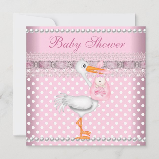 Baby Shower Girl Baby Pink Spot Pearl Storch Einladung (Vorderseite)