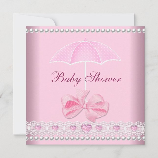 Baby Shower Girl Baby Pink Umbrella Pearl Lace Einladung (Vorderseite)