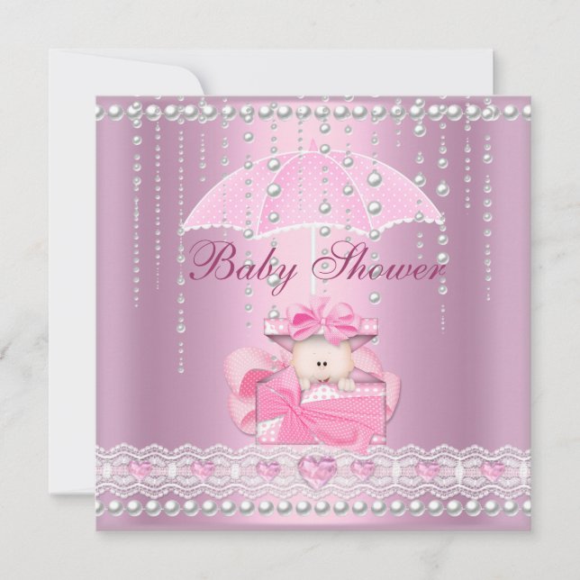 Baby Shower Girl Baby Pink Umbrella Pearl White Einladung (Vorderseite)