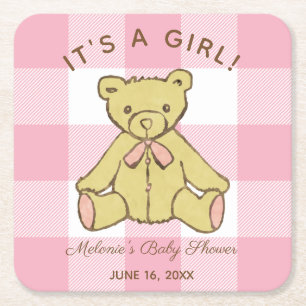 Baby Shower Girl Bear mit Name und Datum Rechteckiger Pappuntersetzer