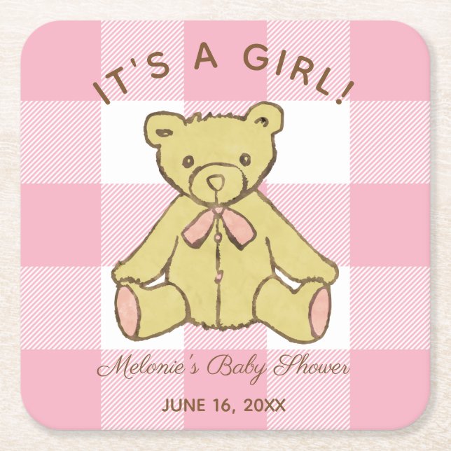 Baby Shower Girl Bear mit Name und Datum Rechteckiger Pappuntersetzer (Vorderseite)