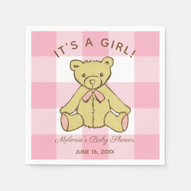 Baby Shower Girl Bear mit Name und Datum Serviette (Vorderseite)