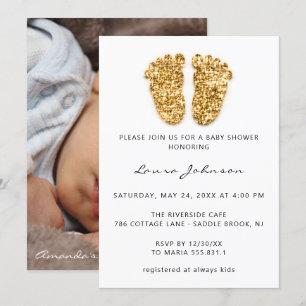 Baby Shower Girl Boy Feet Glitzer Foto Gold Einladung