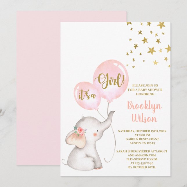 Baby Shower Girl Elephant Einladung (Vorne/Hinten)