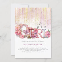 Baby Shower Girl Floral Pink Gold Glitzer