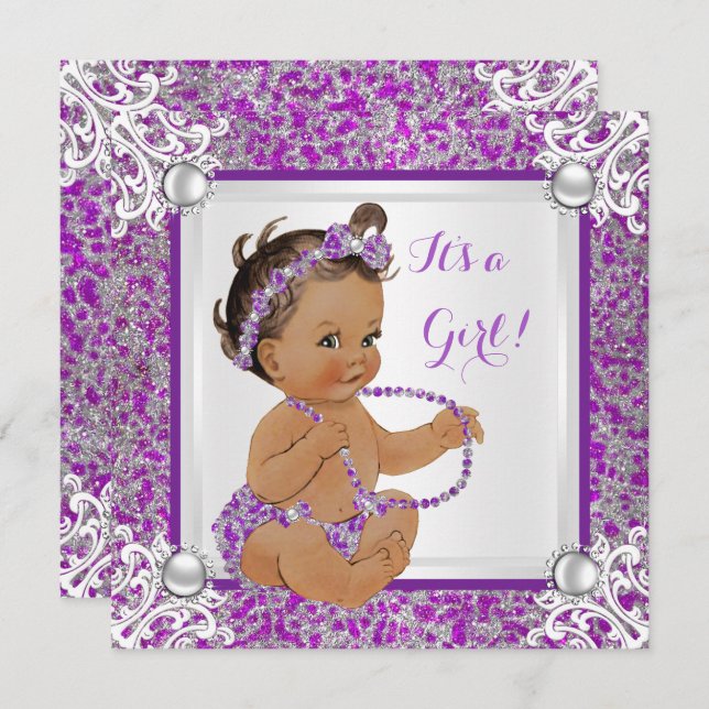 Baby Shower Girl Glitzer Lila Silver Lace Brunet Einladung (Vorne/Hinten)