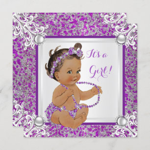 Baby Shower Girl Glitzer Lila Silver Lace Brunet Einladung