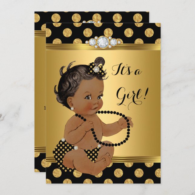 Baby Shower Girl Gold Foil Black Pearls Ethnic Einladung (Vorne/Hinten)