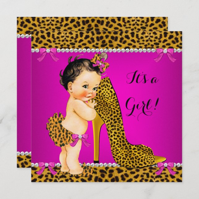 Baby Shower Girl Leopard High Heel Pink Brünett Einladung (Vorne/Hinten)