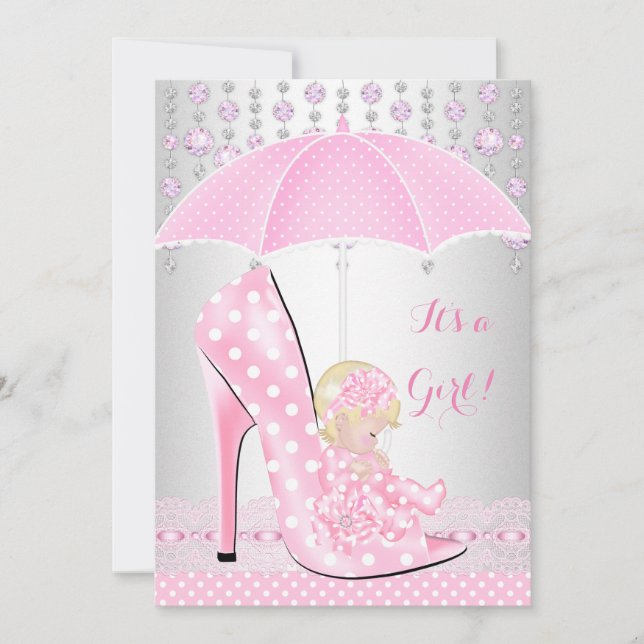 Baby Shower Girl Pink Baby Schuhe Diamant A2 Einladung (Vorderseite)