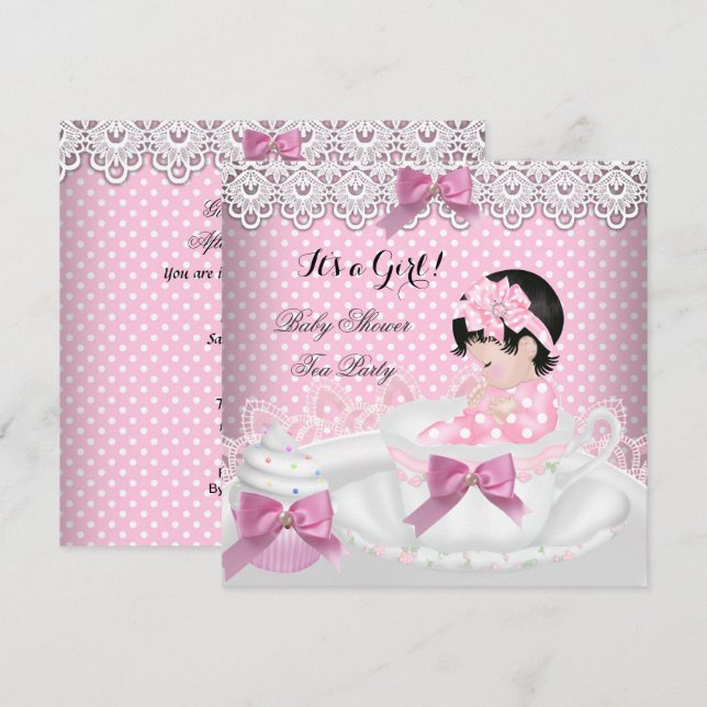Baby Shower Girl Pink Baby Teacup Cupcake 2 Einladung (Vorne/Hinten)