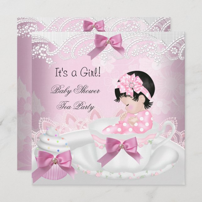 Baby Shower Girl Pink Baby Teacup Cupcake Einladung (Vorne/Hinten)