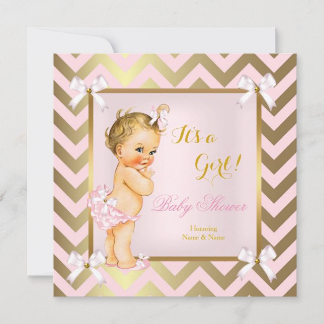 Baby Shower Girl Pink Gold Zickzack Blonde Einladung (Vorderseite)