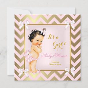 Baby Shower Girl Pink Gold Zickzack Brünett Einladung