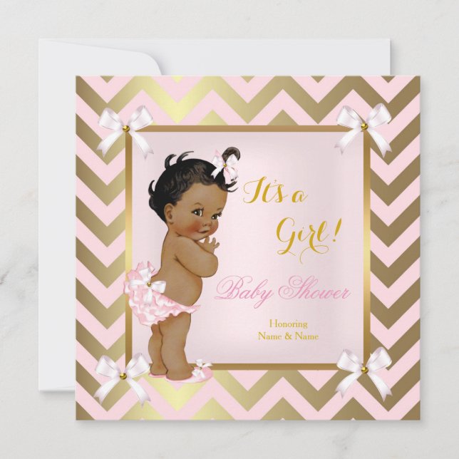 Baby Shower Girl Pink Gold Zickzack Ethnic Einladung (Vorderseite)