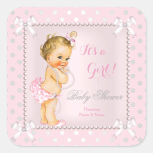 Baby Shower Girl Pink Gray Pearl Blonde Quadratischer Aufkleber