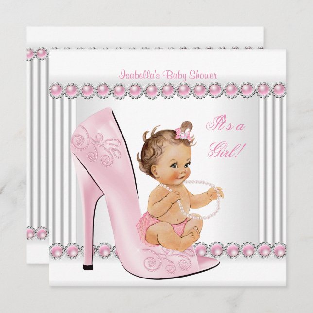Baby Shower Girl Pink Pearl High Heel Schuhe Einladung (Vorne/Hinten)