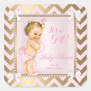 Baby Shower Girl Pink Pearl Zickzack Blonde Quadratischer Aufkleber