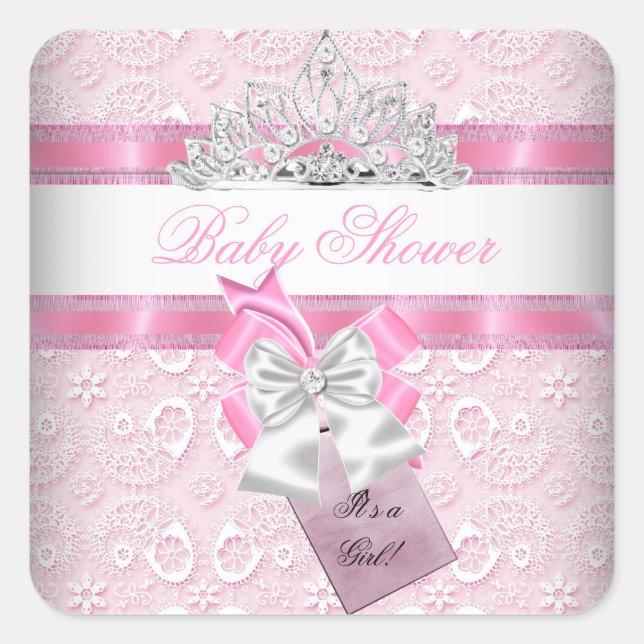 Baby Shower Girl Pink Princess Tiara Quadratischer Aufkleber (Vorderseite)