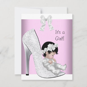 Baby Shower Girl Pink Silver White Glitzer Shoe Einladung