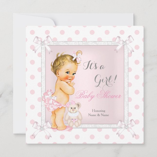 Baby Shower Girl Pink Toy Polka Dot Blonde Einladung (Vorderseite)