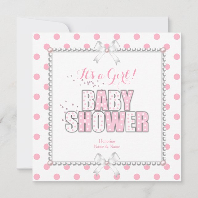 Baby Shower Girl Pink White Polka Dots Pearls Einladung (Vorderseite)