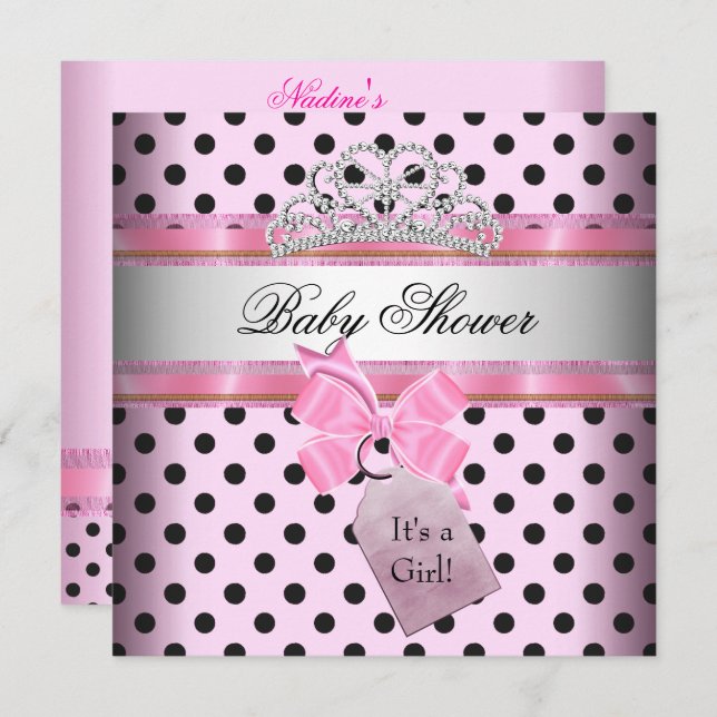 Baby Shower Girl Polka Dot Pink Princess Black Einladung (Vorne/Hinten)